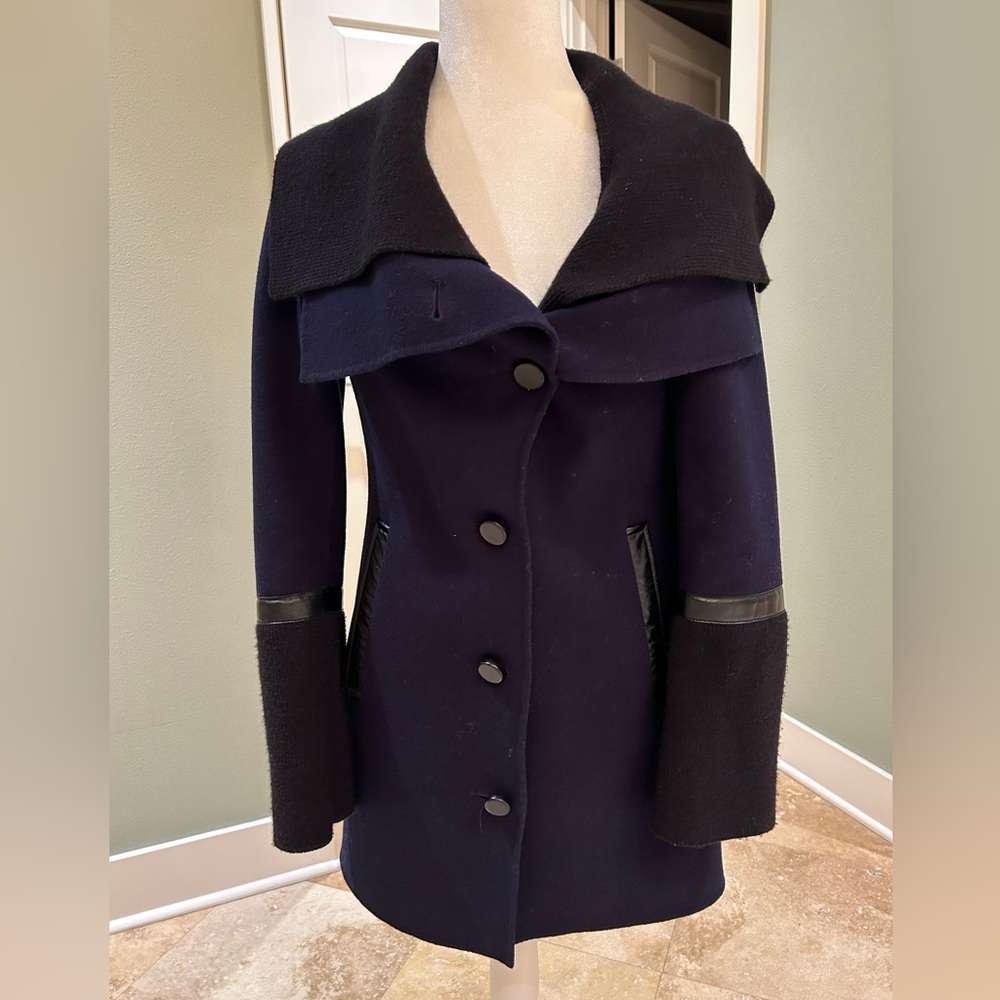 Mackage navy and black wool coat with black leather trim detailing in size XS.
